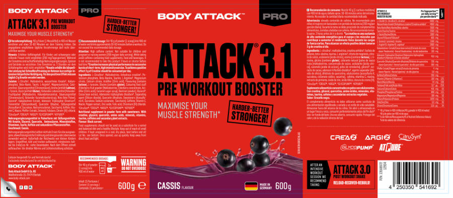 Official label of Body Attack Attack 3.1 Cassis Flavour (NIH DSLD #329534)