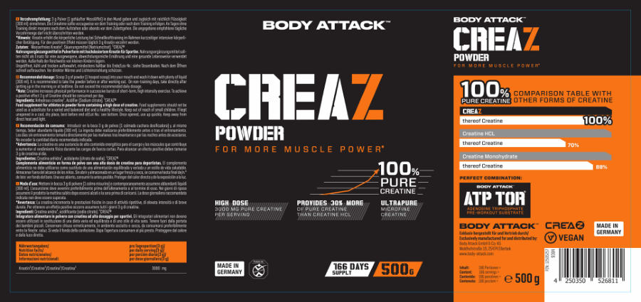 Official label of Body Attack CreaZ Powder 3000 mg (NIH DSLD #329549)