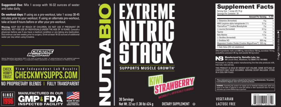 Official label of NutraBio Extreme Nitric Stack Kiwi Strawberry (NIH DSLD #330251)