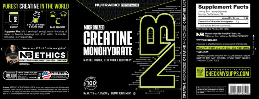 Official label of NutraBio Performance Creatine Monohydrate (NIH DSLD #330703)