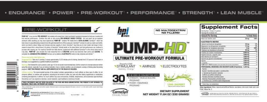 Official label of BPI Sports Pump-HD Lime-Sherbet (NIH DSLD #33138)