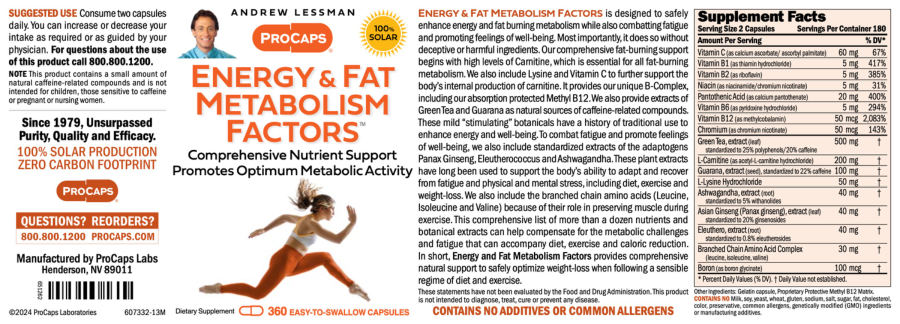 Official label of ProCaps Energy & Fat Metabolism Factors (NIH DSLD #331542)