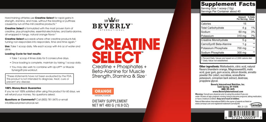 Official label of Beverly International Creatine Select Orange (NIH DSLD #332817)