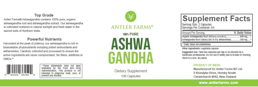 Official label of Antler Farms Ashwagandha (NIH DSLD #333451)