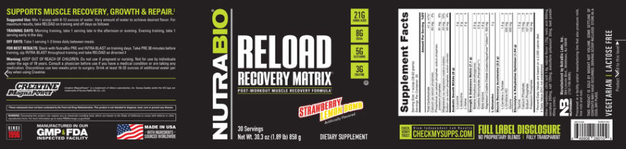 Official label of NutraBio Reload Recovery Matrix Strawberry Lemon Bomb (NIH DSLD #333484)