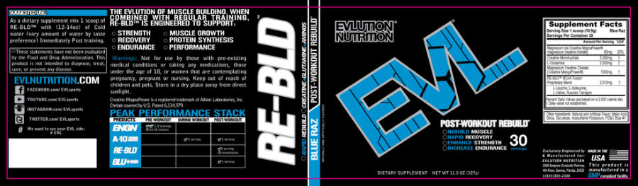 Official label of Evlution Nutrition Re-Bld Blue Raz (NIH DSLD #33364)
