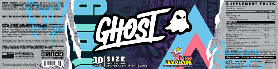 Official label of GHOST Size Pink Lemonade (NIH DSLD #333837)