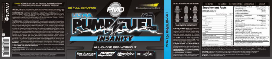 Official label of PMD Ultra Pump Fuel v.5 Insanity Artic Blue Blast (NIH DSLD #333863)
