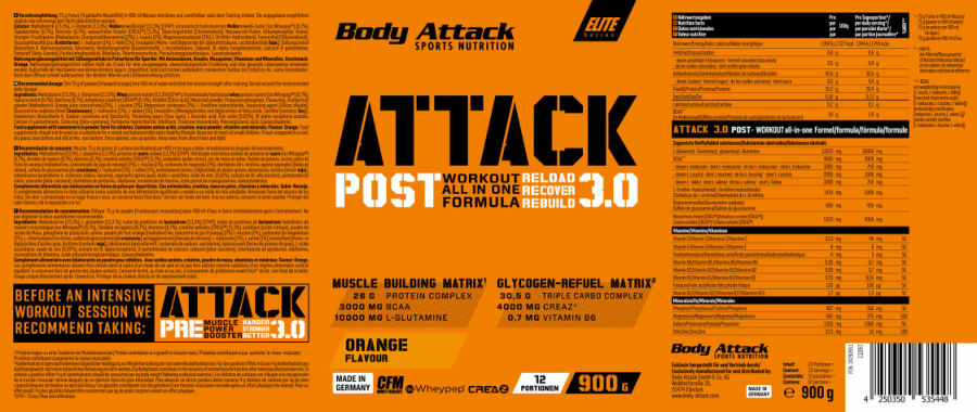 Official label of Body Attack Sports Nutrition Attack 3.0 Orange Flavour (NIH DSLD #334176)