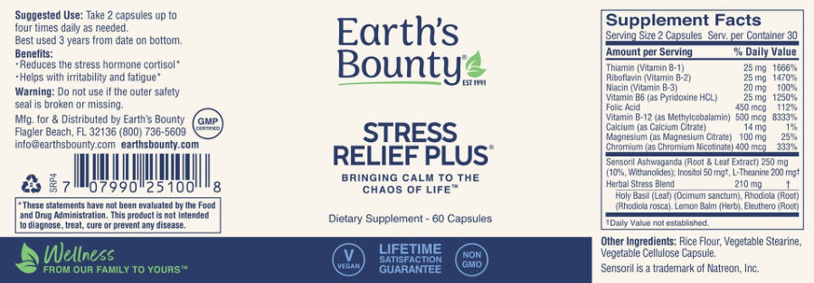 Official label of Earth's Bounty Stress Relief Plus (NIH DSLD #334193)