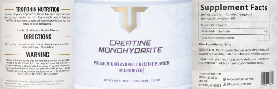 Official label of Troponin Nutrition Creatine Monohydrate Unflavored (NIH DSLD #334320)