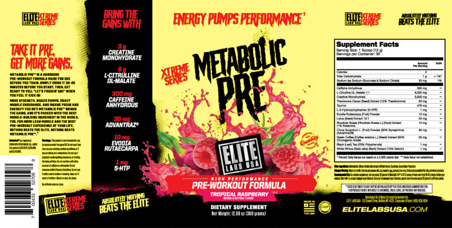 Official label of Elite Labs USA Metabolic Pre Tropical Raspberry (NIH DSLD #334439)