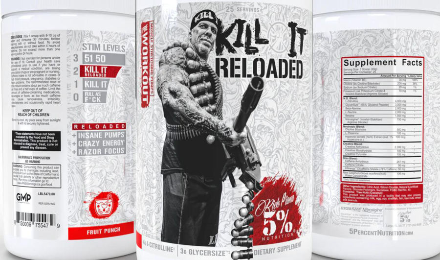 Official label of Rich Piana 5% Nutrition Kill It Reloaded Fruit Punch (NIH DSLD #334571)