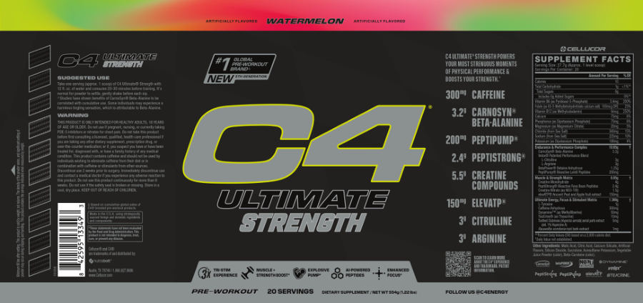 Official label of Cellucor C4 Ultimate Strength Watermelon (NIH DSLD #335127)