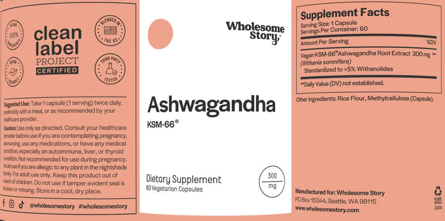 Official label of Wholesome Story Ashwagandha KSM-66 300 mg (NIH DSLD #335610)