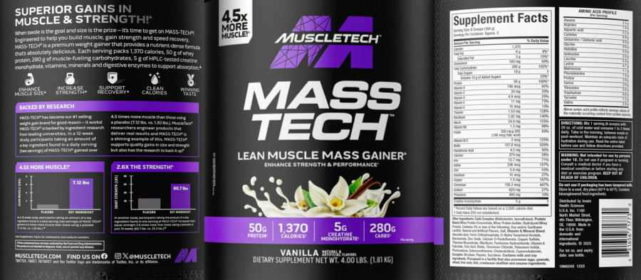 Official label of MuscleTech Mass Tech Vanilla (NIH DSLD #335664)