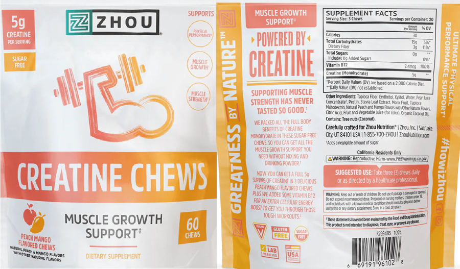 Official label of ZHOU Creatine Chews Peach Mango Flavored (NIH DSLD #335782)