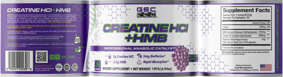 Official label of GEC Genetic Edge Compounds Creatine HCl + HMB Sour Grape Candy (NIH DSLD #336093)