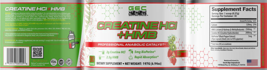 Official label of GEC Genetic Edge Compounds Creatine HCl + HMB Strawberry Kiwi (NIH DSLD #336094)