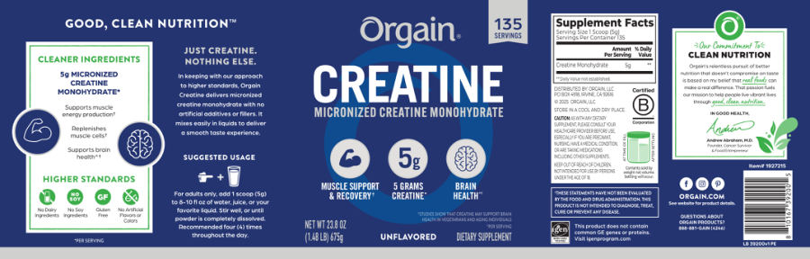Official label of Orgain Creatine Unflavored (NIH DSLD #336391)