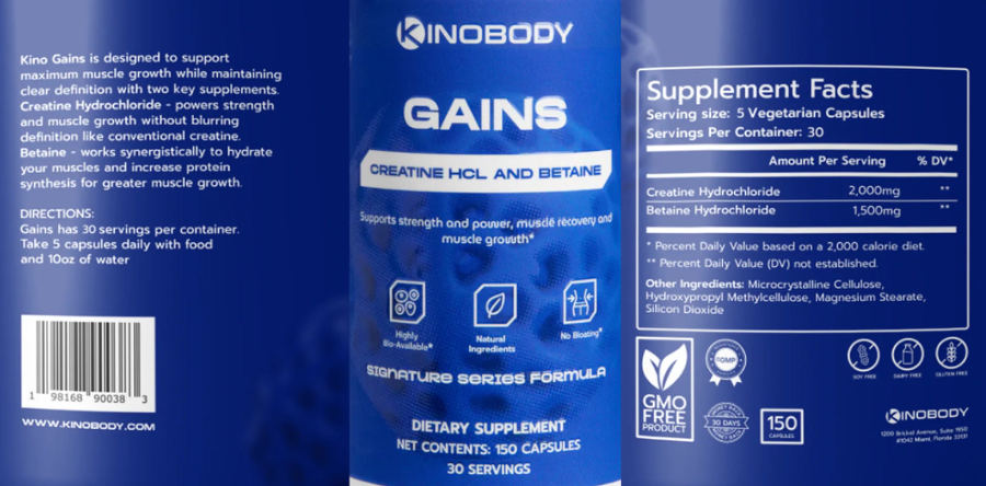 Official label of Kinobody Gains (NIH DSLD #339063)