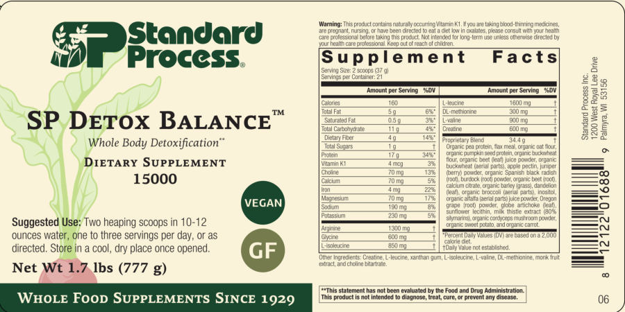 Official label of SP Standard Process SP Detox Balance (NIH DSLD #340373)