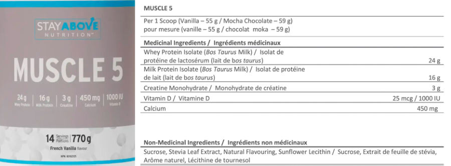 Official label of StayAbove Nutrition Muscle 5 french Vanilla Flavour (NIH DSLD #341498)