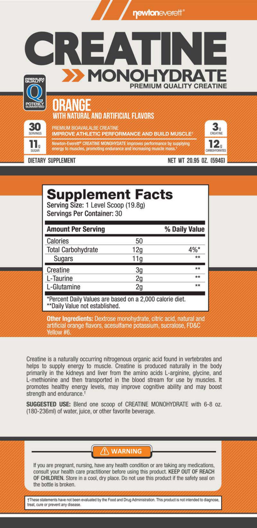 Official label of NewtonEverett Creatine Monohydrate Orange (NIH DSLD #34732)