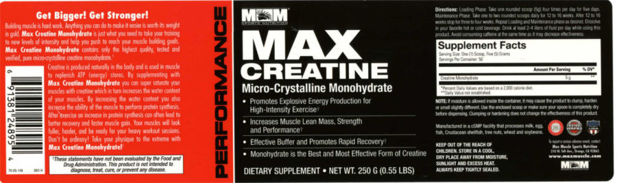 Official label of MM Sports Nutrition Max Creatine (NIH DSLD #36847)