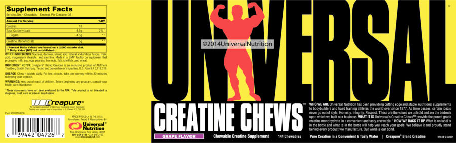 Official label of Universal Creatine Chews Grape Flavor (NIH DSLD #37649)