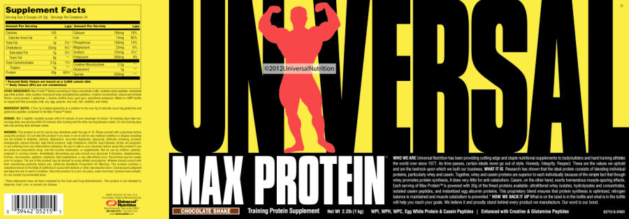Official label of Universal Max Protein Chocolate Shake (NIH DSLD #38291)