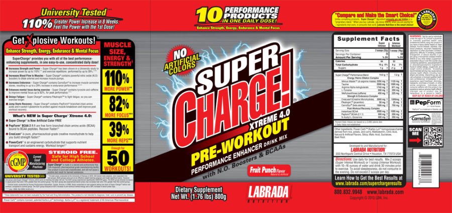 Official label of Labrada Nutrition Super Charge! Xtreme 4.0 Fruit Punch Flavor (NIH DSLD #41144)