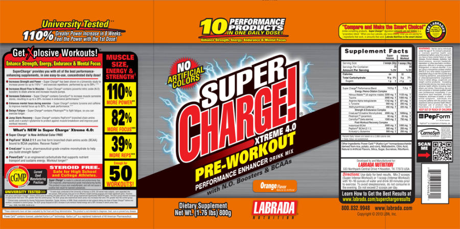 Official label of Labrada Nutrition Super Charge! Xtreme 4.0 Orange Flavor (NIH DSLD #41146)
