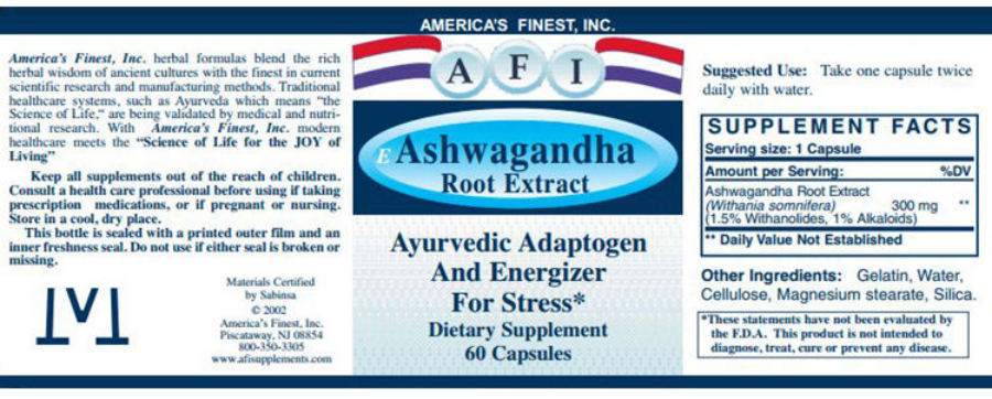 Official label of AFI America's Finest Ashwagandha Root Extract (NIH DSLD #41331)