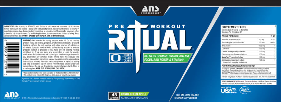 Official label of ANS Performance Pre Workout Ritual Candy Green Apple (NIH DSLD #41558)