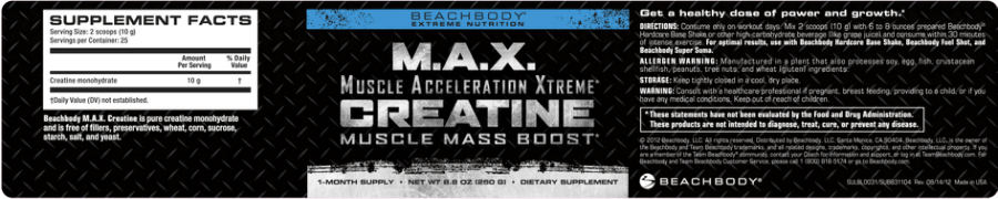 Official label of Beachbody Extreme Nutrition M.A.X. Creatine (NIH DSLD #42109)