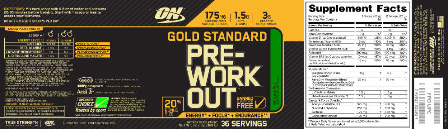 Official label of ON Optimum Nutrition Gold Standard Pre-Work Out Green Apple (NIH DSLD #42222)