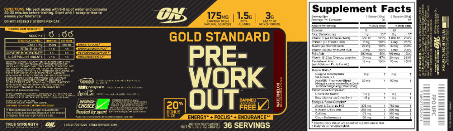 Official label of ON Optimum Nutrition Gold Standard Pre-Work Out Watermelon (NIH DSLD #42243)