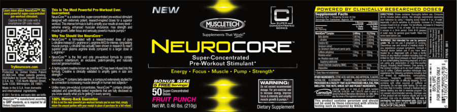 Official label of MuscleTech Concentrated Series Neuro Core Fruit Punch (NIH DSLD #42331)