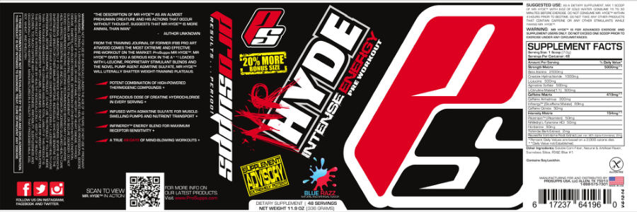 Official label of PS ProSupps Mr Hyde Intense Energy Pre Workout Blue Razz (NIH DSLD #42617)