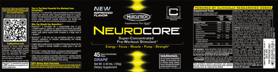 Official label of MuscleTech Concentrated Series Neurocore Grape (NIH DSLD #42648)