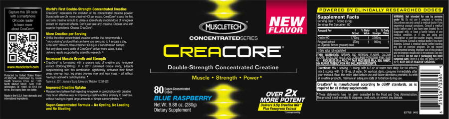 Official label of MuscleTech Concentrated Series Creacore Blue Raspberry (NIH DSLD #42650)