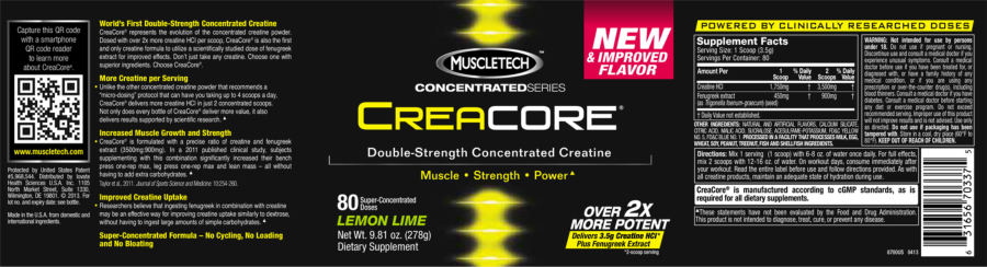 Official label of MuscleTech Concentrated Series Creacore Lemon Lime (NIH DSLD #42690)