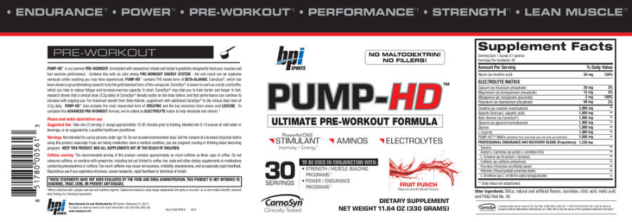 Official label of BPI PUMP-HD Fruit Punch (NIH DSLD #43314)