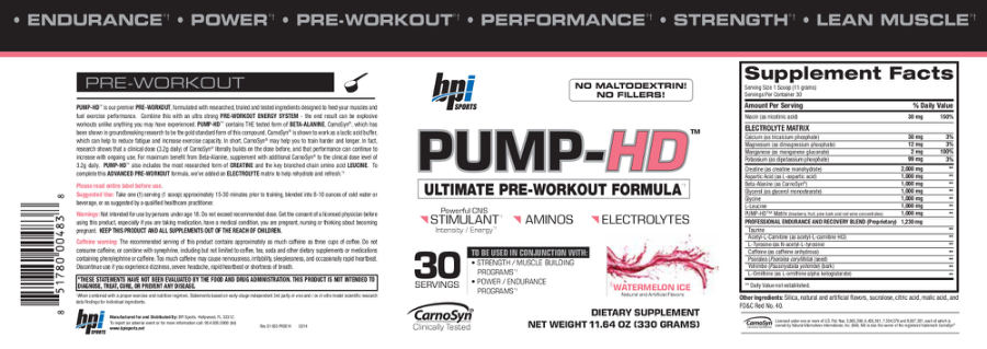 Official label of BPI PUMP-HD Watermelon Ice (NIH DSLD #43336)