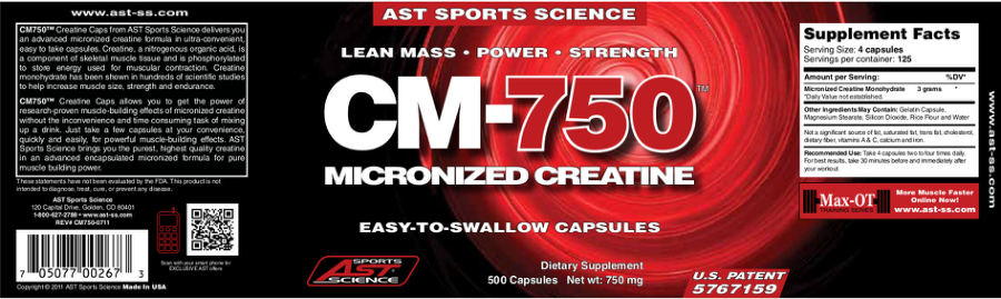Official label of AST Sports Science CM-750 (NIH DSLD #43909)