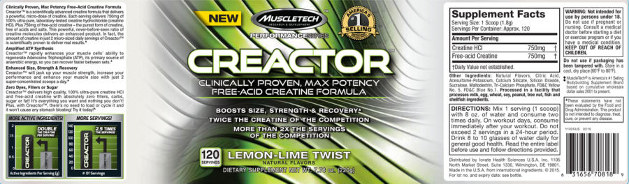 Official label of MuscleTech Performance Series Creactor Lemon-Lime Twist (NIH DSLD #43998)
