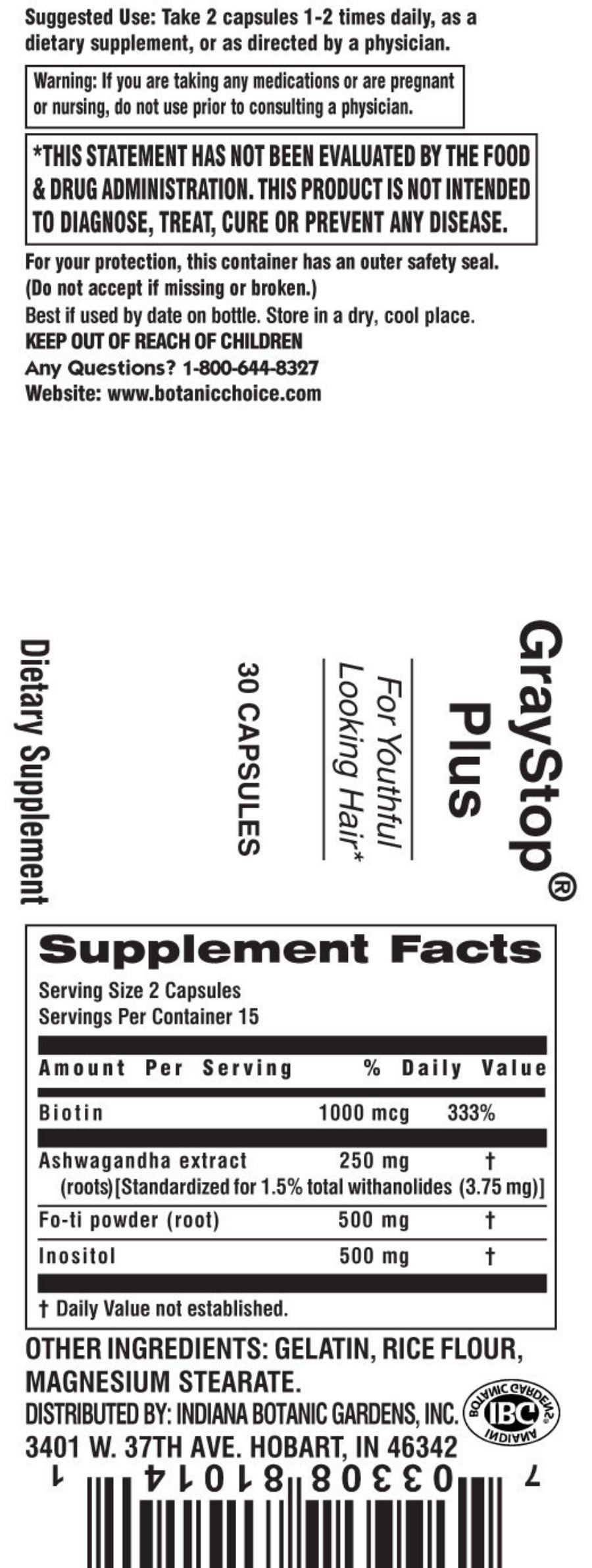 Official label of Indiana Botanic Gardens GrayStop Plus (NIH DSLD #46985)