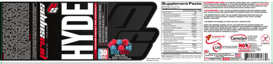 Official label of PS ProSupps Hyde Blue Razz (NIH DSLD #47601)