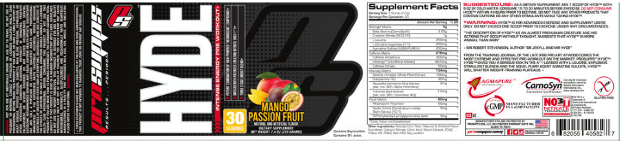 Official label of PS ProSupps Hyde Mango Passion Fruit (NIH DSLD #47612)